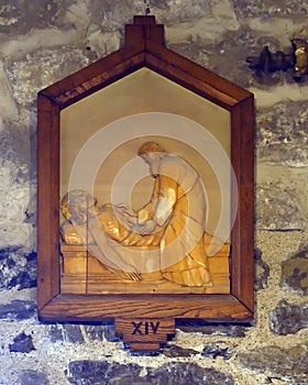 Wooden 14th Station of the Cross, Church of Santa Margherita d`Antiochia in Vernazza, Liguria, Italy