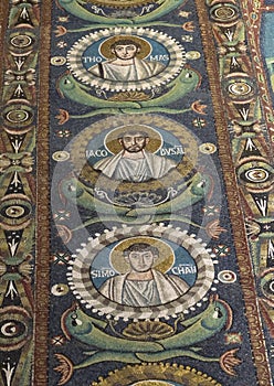 Three Apostles on the triumphal arch mosaics of Jesus Christ and the Apostles in the Basilica of San Vitale in Ravenna, Italy.