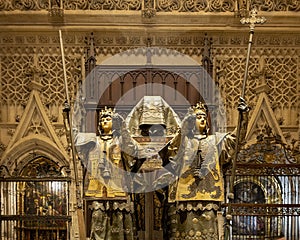Tomb of Christopher Columbus by sculptor Arturo Melida in the Seville Cathedral in Spain. photo
