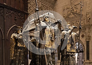 Tomb of Christopher Columbus by sculptor Arturo Melida in the Seville Cathedral in Spain. photo