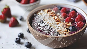 A pictureperfect acai bowl topped with buckwheat groats coconut flakes and a dollop of almond butter photo