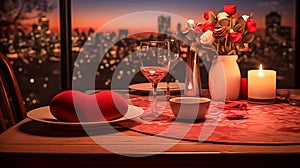 Pictures of the atmosphere, dinner table, on Valentine's Day, filled with love, warmth, romance, and beauty, generative ai