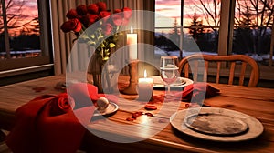 Pictures of the atmosphere, dinner table, on Valentine's Day, filled with love, warmth, romance, and beauty, generative ai