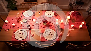 Pictures of the atmosphere, dinner table, on Valentine's Day, filled with love, warmth, romance, and beauty, generative ai