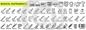 Pictures of different musical instruments with names. Set of musical instruments in thin line