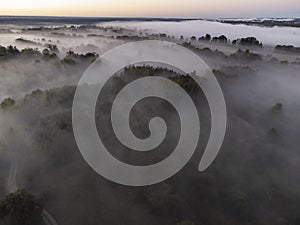 Pictures of the drone flight over the fog. River, forest, fields and meadows on a misty summer dawn. Summer