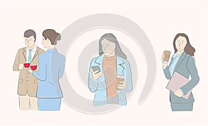 Pictures of people drinking coffee. business people. coffee break. vector illustration.