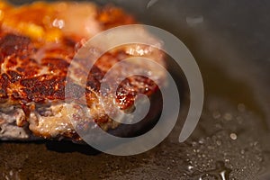 Pictures of a sliced fresh rump  steak with fat on the steak in a pan, which the steak cooks through in high heat