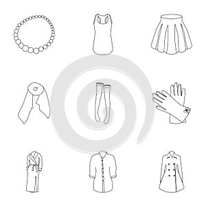 Pictures about types of women`s clothing. Outerwear and underwear for women and girls. Woman clothes icon in set