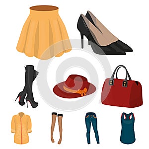 Pictures about types of women`s clothing. Outerwear and underwear for women and girls. Woman clothes icon in set