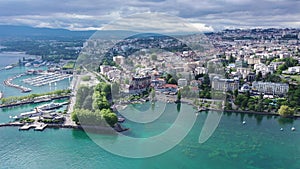 Picturesque aerial view from lake Geneva of Swiss town of Lausanne