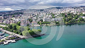 Picturesque aerial view from lake Geneva of Swiss town of Lausanne