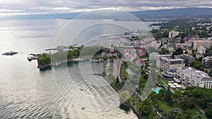 Picturesque aerial view from lake Geneva of Swiss town of Lausanne