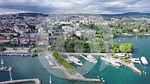 Picturesque aerial view from lake Geneva of Swiss town of Lausanne