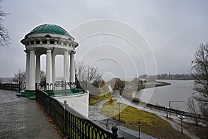 Picturesque alcove on the Kotorosl River embankment in Yaroslavl on a cloudy day