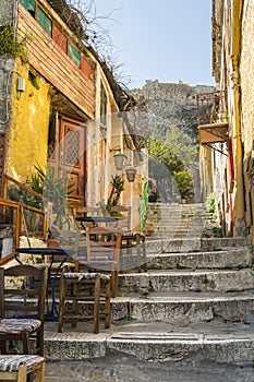 Picturesque alley at plaka leads to acropolis.