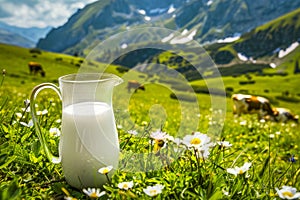 In the picturesque Alpine landscape, a pitcher of milk rests on the verdant slope, accompanied by grazing cows in the