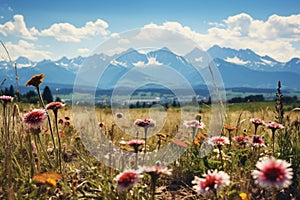 A picturesque alpine scene featuring a sea of wildflowers against the backdrop of towering snow covered mountains., earth friendly