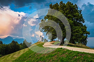 Picturesque alpine scenery with Saint Primoz church, near Jamnik, Slovenia