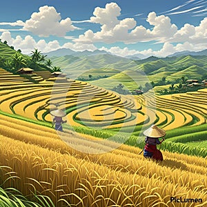 Picturesque Asian Paddy Field at Harvest Time with Farmers Harvesting Rice Amidst Terraced Fields, Verdant Hills. photo