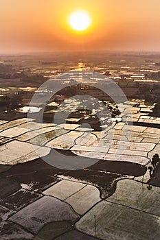 Picturesque asian rice fields at sunset, aerial drone view