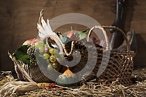 Picturesque autumn composition with basket, fruits, pumpkin, win
