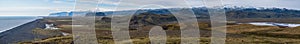 Picturesque autumn evening ultrawide panorama to endless ocean black volcanic sand beach and to Reynisfjara beach  from Dyrholaey