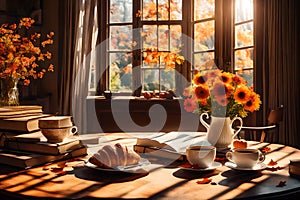 A picturesque autumn garden scene with a bouquet of flowers, a croissant, a cup of tea or coffee, and books arranged on a table.