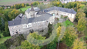 Picturesque autumn landscape with imposing medieval Zbiroh Castle, Rokycany district, Pilsen Region, Czech Republic