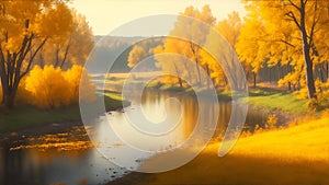 Picturesque autumn landscape with yellow trees near the river in a foggy sunny morning, the reflection of trees in the river water