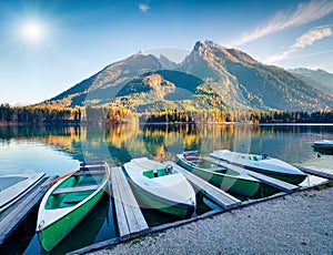 Picturesque autumn scene of Hintersee lake. Colorful morning view of  in the Bavarian Alps on the Austrian border, Germany, Europe