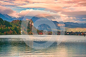 Picturesque autumn scenery of Bled lake at sunset, Slovenia