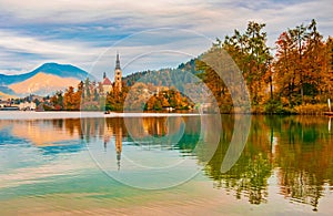 Picturesque autumn scenery of Lake Bled, Slovenia