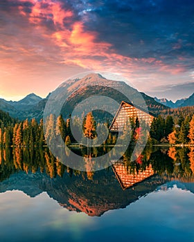 Picturesque autumn view of lake Strbske pleso in High Tatras National Park