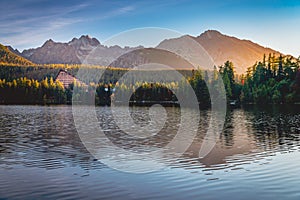 Picturesque autumn view of lake Strbske pleso in High Tatras National Park
