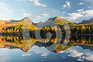 Picturesque autumn view of lake Strbske pleso in High Tatras National Park