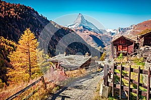 Picturesque autumn view of Zermatt village with Matterhorn Monte Cervino, Mont Cervin peak on backgroud. Beautiful outdoor scene