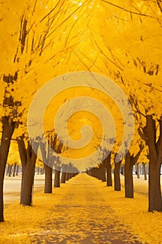 Picturesque autumnal forest with vibrant golden foliage lining the asphalt road pathway