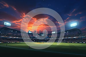 A picturesque baseball stadium with a stunning sunset creating a magical ambiance, Stadium of cricket night, AI Generated