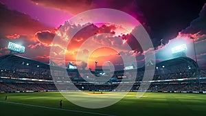 A picturesque baseball stadium with a stunning sunset creating a magical ambiance, Stadium of cricket night, AI Generated