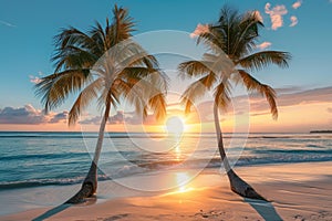 Picturesque Beach palms sunset sky. Generate Ai
