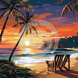 Picturesque beach scene with golden sands, sparkling ocean waves, and a breathtaking sunset