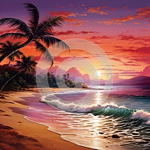 Picturesque beach scene with golden sands, sparkling ocean waves, and a breathtaking sunset