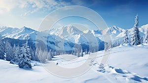 Picturesque, beautiful winter landscape of mountains and forest, snow-covered valley against the background of blue sky