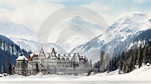 Picturesque, beautiful winter landscape of mountains and forest, snow-covered valley with a large hotel in privacy.