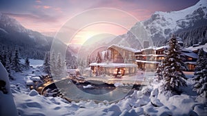 Picturesque, beautiful winter landscape of mountains and forest, snow-covered valley with a large hotel in privacy.