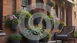 A picturesque botanical balcony display contrasts boldly against the rugged backdrop of a brick building