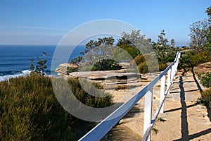 Picturesque and breathtaking oceanside landscape with grass and white wood guardrail on cliff by sea in Sydney, Australia