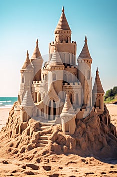 Picturesque castle made from sand on a sandy beach, AI-generated.