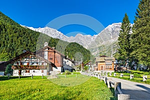 Picturesque and characteristic alpine village, Italy. Macugnaga Staffa, little mountain touristic village.